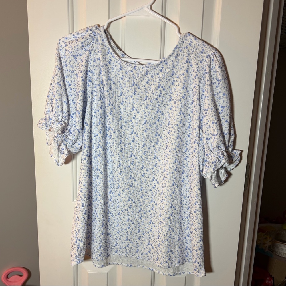 Dokotoo Blue Floral Short-Sleeve Blouse — Size Large